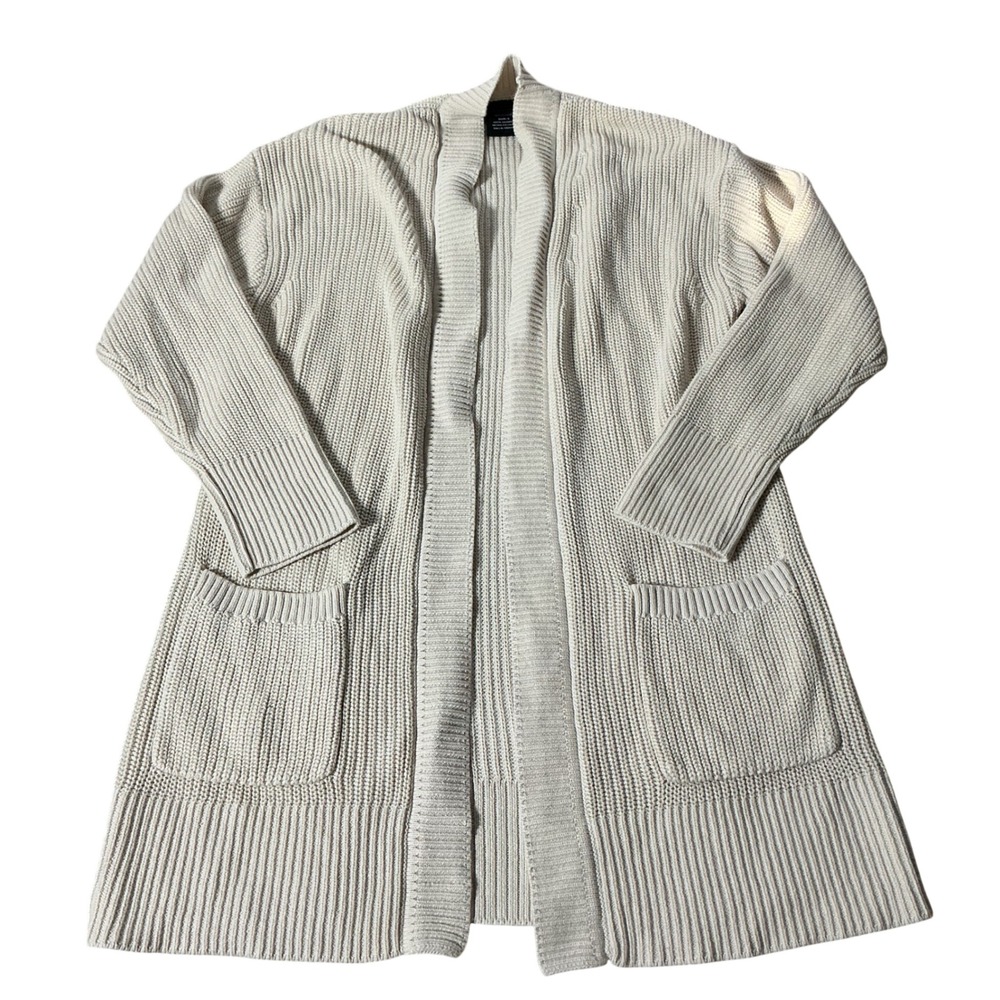 Max & Mia Shaker Coastal Knit Open Front Cardigan Women L Cream Cotton Longline